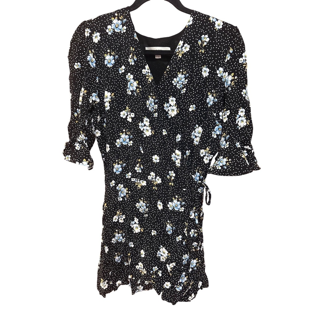LOFT Black Floral Polka Dot Wrap Dress with Shorts Ruffle Sleeve V-Neck Size 8